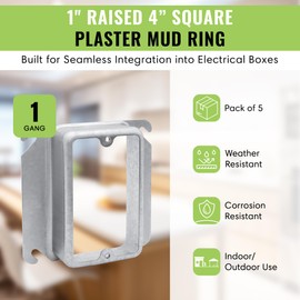 Select 5 Pack 1-Inch Raised 4-Inch Square (4S) One Gang Plaster Ring with Angled Slots, Mud Ring for Wiring Connections, Housing Receptacles & Switches.