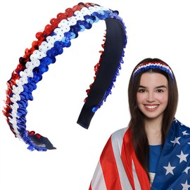 HAIMITI 4th of July Headband Independence Day Hair Bands for Women Girls Wide Knotted Hair Band Red White Blue Sequin Hair Accessories Non Slip Patriotic Party Parade Makeup Decor Hair Supplies
