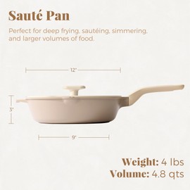 PRICUSIS Nonstick Deep Frying Pan with Glass Lid, 12 Inch (4.8 qt) Stain/Scratch/Crack Proof Sauté Pan, Stay-Cool Handle Skillet, Induction Compatible, Dishwasher & Oven Safe, PFOA Free, Natural Linen