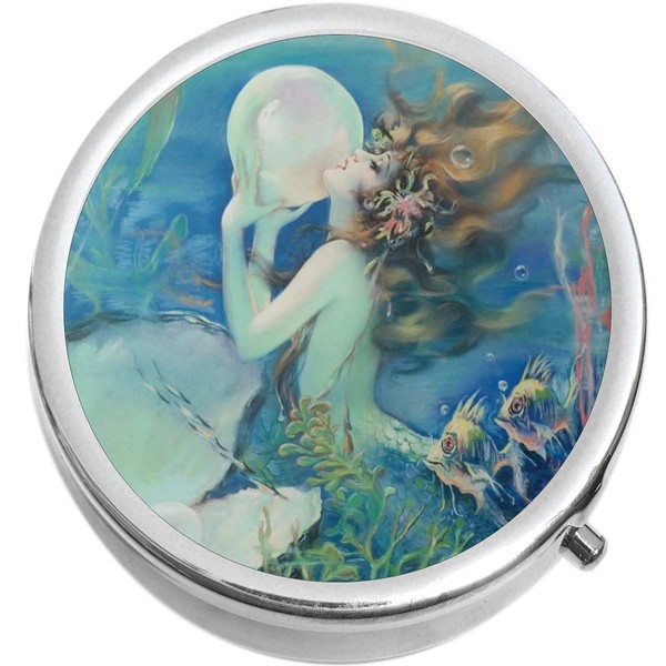 Vintage Mermaid with Pearl Medicine Pill Box - Portable Pillbox case fits in Purse or Pocket