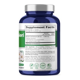 Extracto de hojas de Bacopa 900 mg 180 cápsulas (sin OMG y sin gluten), suplemento cerebral, nootrópico y potenciador cerebral para un enfoque mental 