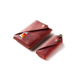 Crazy Horse Craft, Minimalist Wallet and Key Ring in Package, Classic Brown Wallet and Key Holder Set, Fragola Red, Minimalist