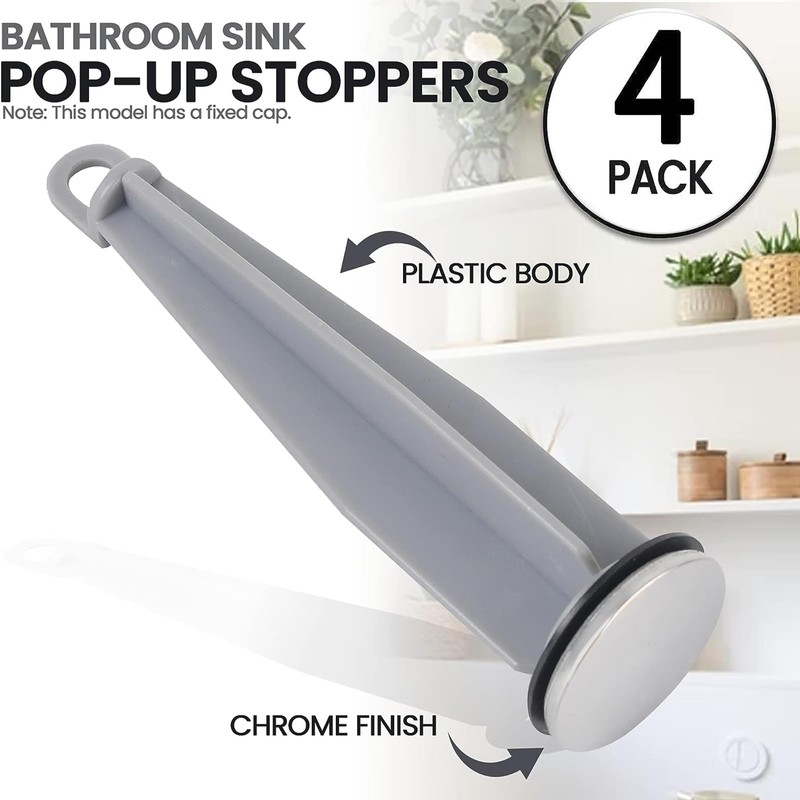 (4-Pack) Bathroom Sink Pop-Up Stoppers - Plastic Pop-Up Stoppers with