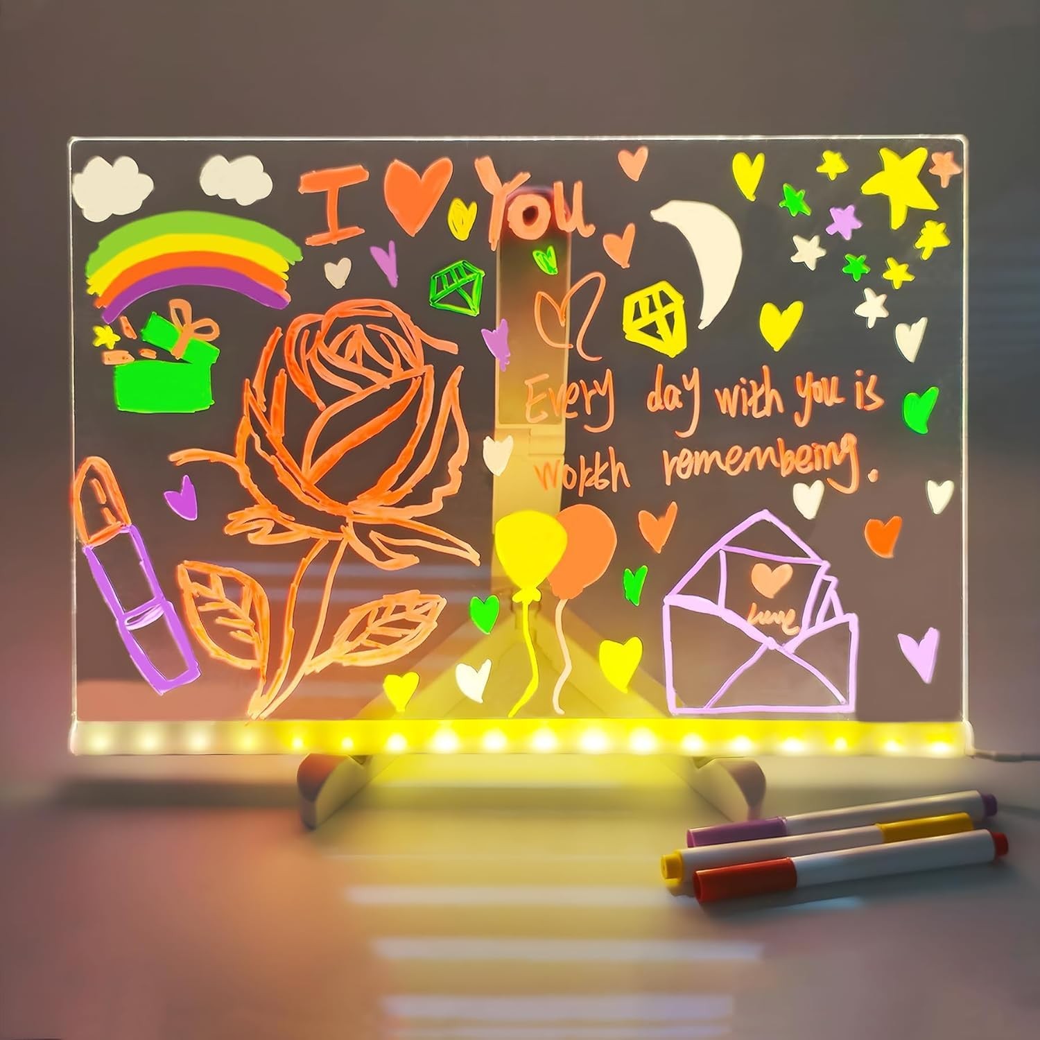 Tablero De Notas LED Acrílico Con 7 Bolígrafos De Colores - Pizarra Reutilizable Con Luz Suave Para Casa U Oficina (30 X 20 Cm)