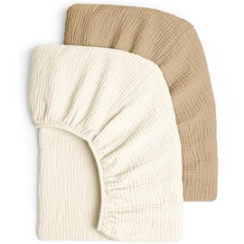 lulumoon Muslin Cot Fitted Sheet Set: Soft and Breathable Fitted Sheet for Travel Cot and Baby Cot, 100% Cotton, 60 x 120-70 x 140 cm, Pack of 2 (White Yellow)