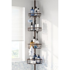 Corner Shower Caddy Tension Pole: Stainless Steel Rustproof 4-Tier Shower Organizer - 47-121 inch Adjustable Bathroom Shelves for Bathtub Shampoo Storage - Tension Rod Floor Standing Bath Rack -Bronze