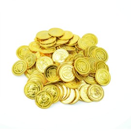 SHATCHI 100 Pcs Gold Pirate Coins Party Treasure Plastic Loot Bag Toys Fillers Childrens Fun Accessories, Small