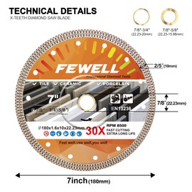 FEWELL 7 inch Super Thin 1.6mm Turbo Cutting Wheel, X-Teeth Diamond Blade Dry/Wet Cutting Porcelain, Tile and Ceramic (1-Pack)