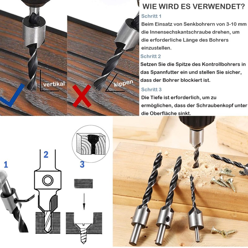 KEWAYO HSS 5 Flute Countersink Drill Bit Set Screwdriver Reamer