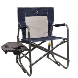 GCI OUTDOOR Freestyle Rocker with Side Table Camping Chair | Portable Folding Rocking Chair with Solid, Durable Armrests, Drink Holder & Comfortable Backrest — Heathered Indigo