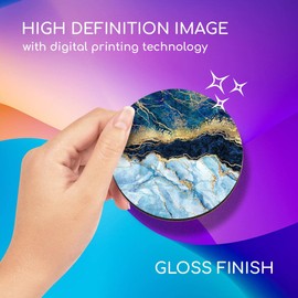 1 x Round Coaster - Marbled Art Effect Blue Gold Marble Cork Backed MDF Glossy Tea Coffee Accessory #21152