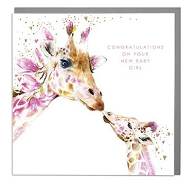 Lola Design - Congratulations On Your New Baby Girl, Giraffes Design - New Baby Cards - Blank inside with Grey Envelope - Designed and Made in the UK - 150mm x 150mm