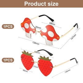 SLAXJNE 1 x Strawberry Sunglasses and 1 x Mushroom Sunglasses, Creative Rimless Glasses, Party Sunglasses, Trendy Sunglasses, Prom Glasses, Dress Up Accessories, Fashionable Glasses, red