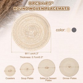 sourcing map 8 Pcs Round Woven Placemats, 4.3 Inch Braided Washable Placemat Heat Resistant Decorative Place Mat for Kitchen Dining Table Countertop, Beige/Gray