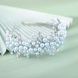 BERYUAN Pearls Rhinestone Wedding Headband Mint BlueTeardrop Rhinestone Pearls Wedding Hair Accessories Princess Bridal Headband Pearls Wedding Headpiece for Brides Bridesmaid Girls (mint blue)