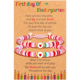 EOBOH Back to School Bracelet Supplies, 2Pcs Heart Kindergarten Bracelets Mommy and Me, Colorful First Day of Kindergarten Bracelet