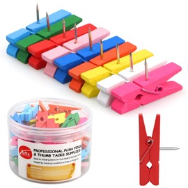 Yalis Wooden Push Pin Clips 50 Pcs, Pins Clips Creative Paper Clips with Pins for Cork Board and Photo Wall No Holes for The Paper