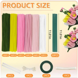 400 Pcs Pipe Cleaners Craft,6 Assorted Colors Pipe Cleaners Bulk, Chenille Stems for DIY Flower Making Kit with Floral Wires, Gardening Tape,Stamen& Ribbon (Pink Flower)