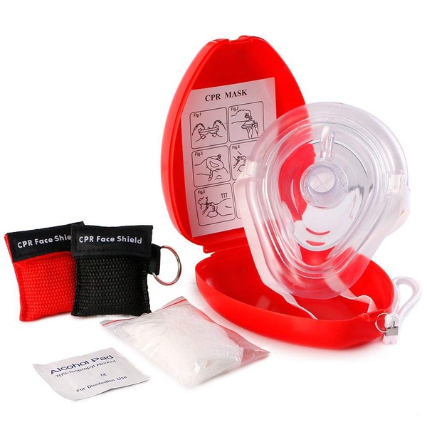 ASA TECHMED Medical First Aid CPR Mask for Adult/Kids Pocket Resuscitator with One-way valve — Hard Case with Wrist Strap, Gloves, Wipes and 2 Keychain CPR Face Shield Approved