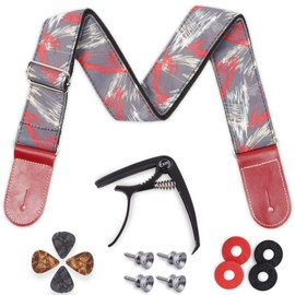 Electric Green Bass & Acoustic Guitar Strap - Includes 1 Capo, 4 Strap Locks, Buttons, 4 Picks for Bass, Electric & Acoustic Guitars