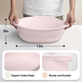 MEGASKET Pink Small Woven Basket, 13” x 9” x 5” Baskets for Gifts Empty, Cotton Rope Gift Basket, Cute Nursery Baby Organizer, Cat Dog Toy Bin Box, Wicker Storage Bin with Handle