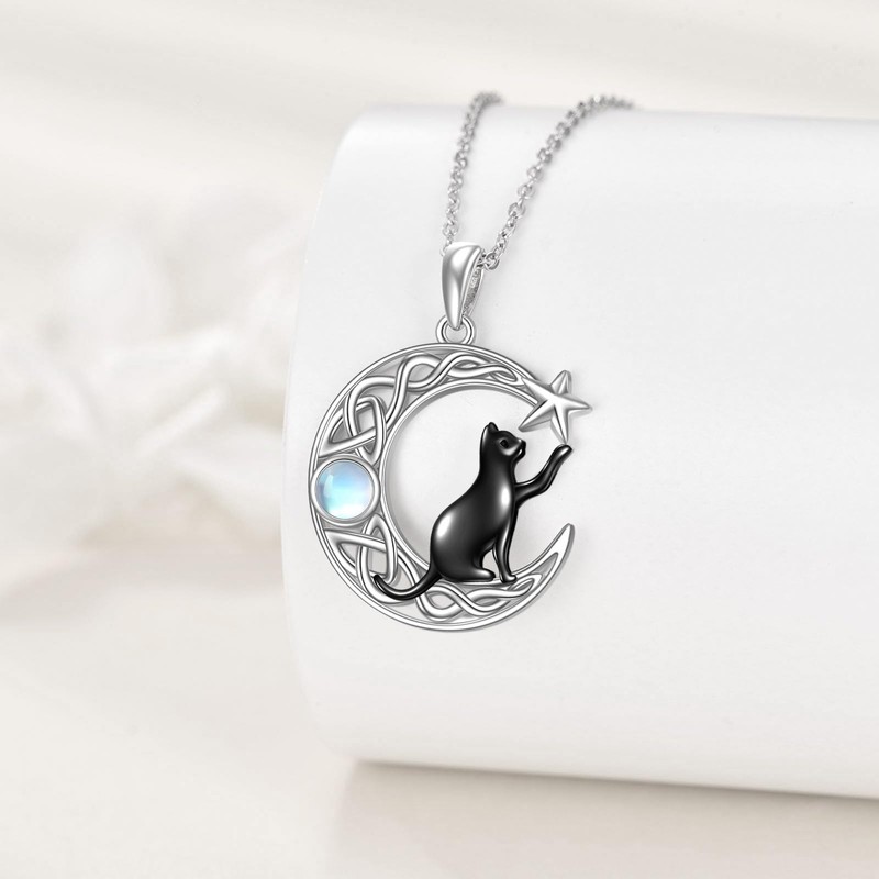 VONALA Black Cat Necklace for Women Sterling Silver Celtic Moon