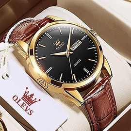 OLEVS Men Watch Brown Leather Strap Large Black Face Analog Quartz Classic Dress Date Luminous Waterproof Gents Wrist Watch