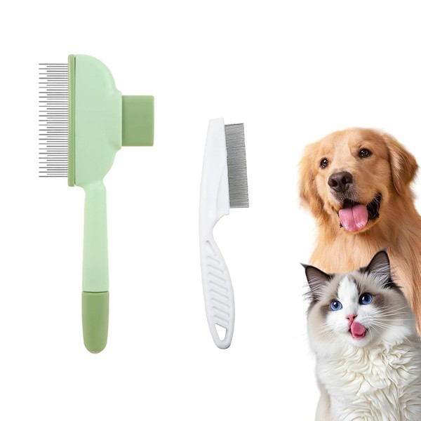 Pet Grooming Comb Set, Self-Cleaning Metal Teeth, Non-Slip Handle, 2-Piece