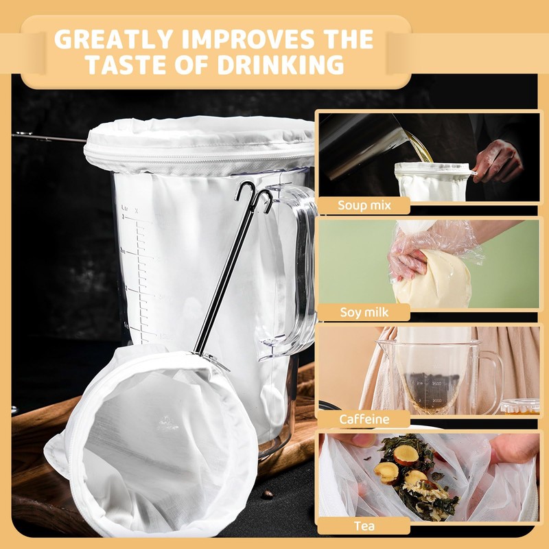3 Stück kleine, ultrafeine Siebbeutel, wiederverwendbare Reißverschluss-Filtertasche mit Edelstahlgriffrahmen, Käsetuch-Siebe