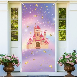 Princess Castle Birthday Banner Backdrop Colorful Royal Castle Theme Decor for Princess Girls Birthday Baby Shower Party Photography Photo Prop Decorations Supplies 35x72in