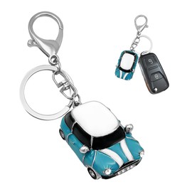 FSTURIOS Car Keychain, 3D Cooper Car Model Key Chain Decorated with Rhinestone, Mini Style Cars Keychain with Metal Ring (White+Lake Blue)