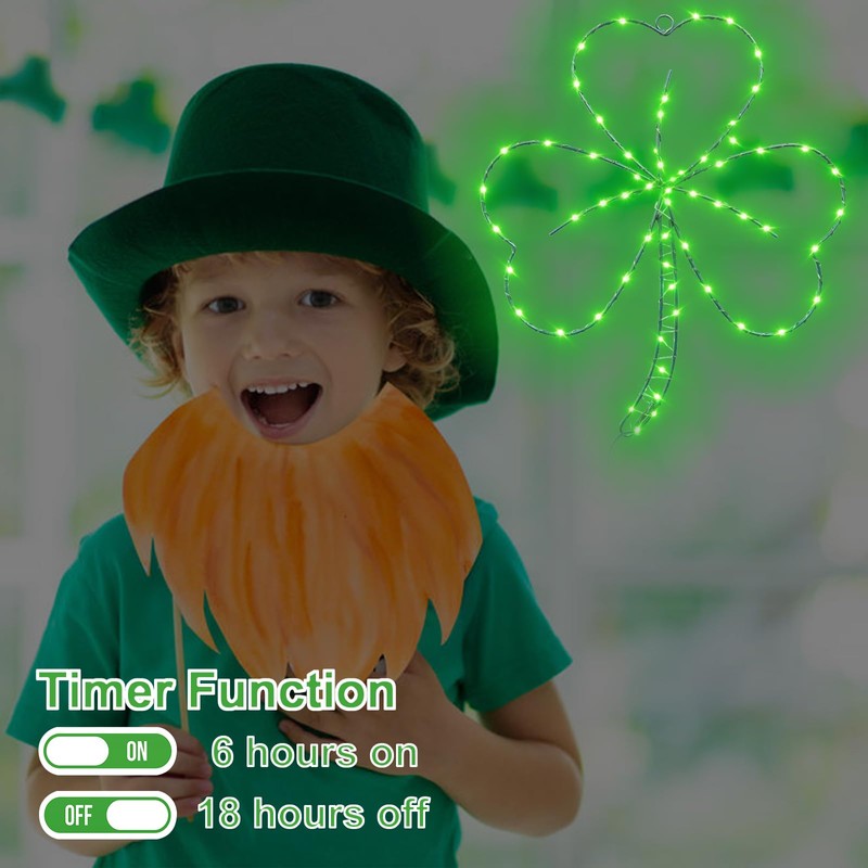 YAOZHOU St Patricks Day Decorations,Irish Shamrock LED Window Lights,13.2IN 58LED