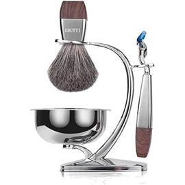 GRUTTI Shaving Brush Kit for Men, 4 in 1 Razor and Brush Stand with Shaving Soap Bowl & Badger Hair Shaving Brush Safety Razor Compatible with Fusion 5, Traditional Wet Close Shaving Kit