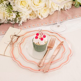 NOCCUR NOCCUR 150PCS Rose Gold Plastic Plates&Rose Gold Silverware-Include 30Dinner Plates, 30Salad plates, 90 Disposable Rose Gold Utensils- Ideal for Weddings, Party,Shower
