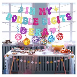 In My Double Digits Era Banner para niña 10 cumpleaños decoración de fiesta con espirales colgantes brillantes suministros de decoración (colorido)