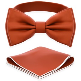 Adam Young Men's Tiger Carrot Bow Tie with Handkerchief Pre-Tied Style Formal Satin Classic Bowtie for Tuxedo Faux Silk (Large, Burnt Orange)