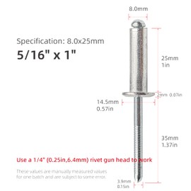 20Pcs 5/16 "(0.31in, 8mm) Aluminum Blind Pro Rivets, Aluminum Grip and Steel Mandrel, Industrial Grade Heavy Duty (5/16"x1")