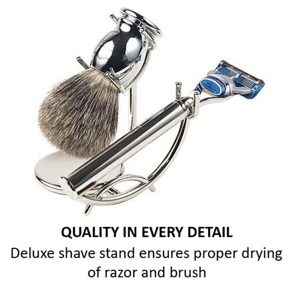 Parker Safety Razor Parker Luxury 3 Piece Shave Set with Stainless Steel Fusion Supported Razor Handle, Premium Pure Badger Brush & Deluxe Stand