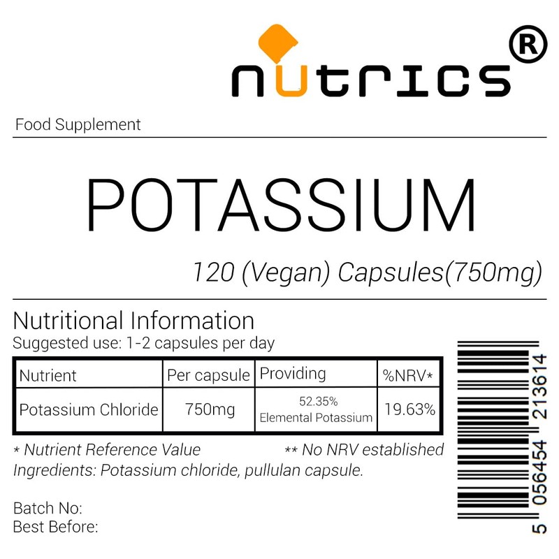 Nutrics® 750mg Potassium Chloride 100% Pure x 120 V Capsules