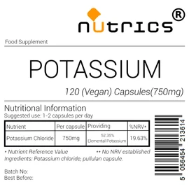 Nutrics® 750mg Potassium Chloride 100% Pure x 120 V Capsules - (4 Month Supply) - Suitable for Vegan Vegeatarian Halal & Kosher (240)