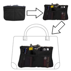 JJ PRIME - Multi-Compartment Handbag Insert | Expandable Liner Bag Pouch Zipper Closure | Tote Bag Organiser Insert with 13 Pockets and Handle for Easy Lifting (Travel, Cosmetics, Toiletries), Black