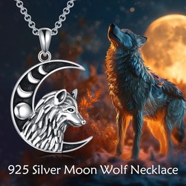 VONALA Wolf Moon Pendant Necklace 925 Sterling Silver Moon Phase Vintage Wolf Jewelry for Women Men
