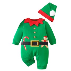 IURNXB Baby Christmas Outfit Green Elf Romper with Festive Gingerbread Man Candy Cane Matching Hat (Green,9-12 Months)