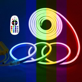 Aclorol LED RGB Neon Rope Lights Outdoor Waterproof AC110V~130V LED Neon Light Strip Multi Color Neon Flexible Lights Dimmable with Remote Controller for Home/Garden/Building Decoration 16.4FT