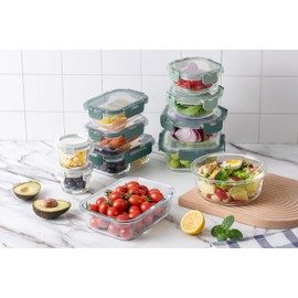 COOK WITH COLOR Premium 32-Pc. Borosilicate Glass Food Container Set with Dividers - 4 Rectangles, 8 Rounds, 4 Squares - Leakproof Lids - Meal Prep, Storage, Ombre Green