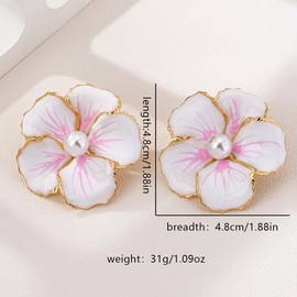 Exquisite White Enamel Flower Pearl Stud Earrings for Women, Boho Dainty Gold Large Floral Petal Earring Fashion Y2K Party Holiday Jewelry Accessories (White)
