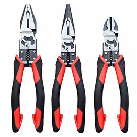 3PCS Combination Pliers Set, 9 In 1 Multifunction Electrician Tool, 8.5" Long Nose, 8.5" Linemens, 8" Diagonal Cutting Wire Stripper/Heavy Duty Side-Cut (Red/Black)