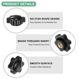 M METERXITY 4-Pack 6 Star Knobs, M6 Female Thread 25mm Hexagon Head Blind Hole Clamping Grip Handles for Machinery/Electronic/Woodworking, Brass Screw-On Threaded Knob [Black]