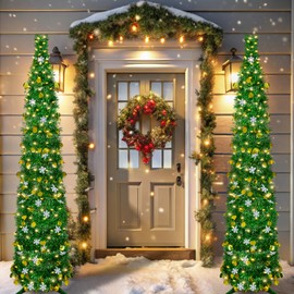 Garma 5ft Pop Up Christmas Tree with 50 LED Light, Green Tinsel Christmas Tree Collapsible Artificial Pencil Tree for Xmas Party Holiday Decor Indoor Yard Garden Outdoor Decorations (Green White Gold)