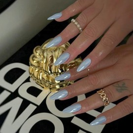 Chrome Light Blue False Nails Almond, SXVME Chrome Press On Nails Medium, Glazed Gel Full Cover Fake Nails Press on, Cute Bling Acrylic Nails Stick on Nails for Women Daily & Party Wear